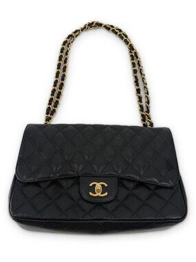 Chanel Classic Jumbo Double Flap Black Caviar Gold Hardware Shoulder Bag